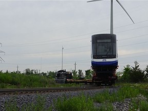 The first train car bound for Edmonton's Valley Line LRT shipped from Bombardier's Kingston, Ont., factory June 27, 2018. This photo shows the train leaving on Wednesday.