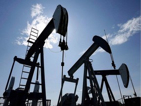 Pumpjacks at work pumping crude oil near Halkirk.