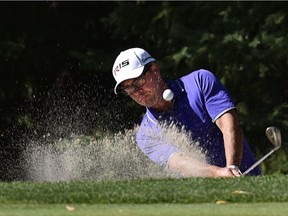 Mike Belbin, blasting out the bunker in the final round, wins the PGA of Alberta Tour Championship at the Royal Mayfair Golf Club in Edmonton on Sept. 1, 2015.
