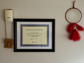 A certificate of recognition hangs on the office wall of the Hope Terrace, in Edmonton May 5, 2017. Operated by Bissell Centre, Hope Terrace has 15 units and provides housing and supports for 24 people living with FASD.