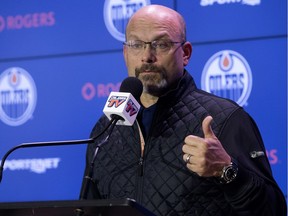 Edmonton Oilers general manager Peter Chiarelli speaks to the media on July 1, 2018, at Edmonton's Rogers Place about the team's free-agent signings.