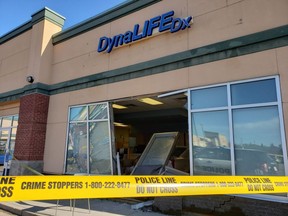 A vehicle crashed through the Dynalife at 12843 140 Ave. in the early morning of Monday, July 9, 2018.