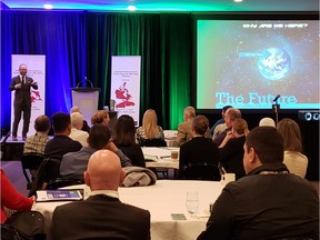 Alberta Justice counsel and traffic safety co-ordinator Robert Palser addresses a crowd at the Shaw Conference Centre on the future of drug-impaired enforcement on Wednesday, July 11, 2018.