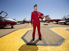 Canadian Forces Snowbirds Capt. Taylor Evans is seen after landing at the Camrose Municipal Airport, Tuesday July 17, 2018.