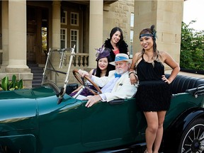 Stepping back into the Roaring Twenties with the help of Edmonton businessman Gerry Levasseur are Nick Lees with friends Melanie Nakatsui, left, Ashlee Pearce and Jessica Lee. Levasseur heard Lees was theming his 19th annual Zin on the River wine festival at the Hotel Macdonald Aug. 29 as a Great Gatsby party and offered the use of his 1918 mint-condition convertible as a prop. Funds raised will help bring a totem pole back from Haida Gwaii next year for the CASA Centre, where families with mental health issues receive help.