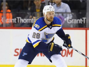 Kyle Brodziak #28 of the St. Louis Blues skates against the New York Islanders at the Barclays Center on Dec. 8, 2016, in the Brooklyn borough of New York City.