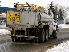 A City of Edmonton truck applies a calcium chloride anti-icing solution to the road in February 2018.