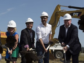 Enoch Cree Nation Chief Billy Morin, Kinder Morgan President Ian Anderson, Premier Rachel Notley, and Natural Resources Minister Amarjeet Sohi. take part in the groundbreaking ceremony at the EnochCree Stockpile site on Friday, July 27, 2018 .