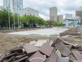 Construction has begun on the city hall wading pool rehabilitation on July 23, 2018.  But Edmontonians will have to wait until spring 2019 now to see the city raise the Metis and Treaty 6 flags there.