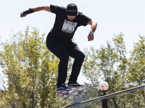 Richard Tury of Slovakia competes during the skateboard street pro final during the FISE World Series at Louise McKinney Riverfront Park in Edmonton on Sunday, July 15, 2018.