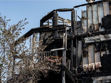 The top floor suite where the fire is believed to have started is seen at the scene of a fire in the Blue Quill neighbourhood in Edmonton on Sunday, July 29, 2018.