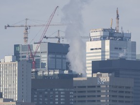 Cranes decorate the downtown city skyline in Edmonton.