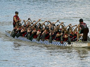 The Edmonton Dragon Boat Racing Club's seniors competitive team "Tsunami" paddle on the North Saskatchewan River in Edmonton on July 8, 2018. The team will travel to Szeged, Hungary to compete at the Club Crew World Dragon Boat Championships from July 17-22, 2018. The mixed seniors team members range in age from 40 to 67. The competition will attract 6000 athletes from 30 countries. (PHOTO BY LARRY WONG/POSTMEDIA)