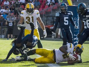 Edmonton Eskimos running back C.J. Gable (2) slides into the Toronto Argonauts end zone during second quarter CFL action in Toronto on Saturday, July 7, 2018.