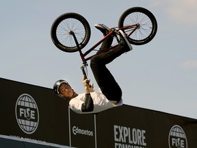 Liam Quinlivan, BMX freestyle park competitor from Australia, practices in preparation for the FISE World Series in Edmonton on Thursday, July 12, 2018.