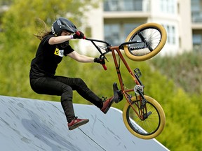 Emma Finnegan (Liverpool, UK) loses control of her bike and crashes during the Women's BMX Freestyle Park World Cup Qualification round at the 2018 Edmonton FISE World Series on Friday July 13, 2018, held at Louise McKinney Riverfront Park in Edmonton, Canada. Some of the world’s best pro riders and amateurs are competing in BMX Freestyle, BMX Flatland, Skateboard and Scooter competitions. The competition ends Sunday  July 15, 2018. (PHOTO BY LARRY WONG/POSTMEDIA)