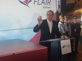 Flair Airlines executive chairman David Tait announces Edmonton as its new major transit hub with Edmonton International Airport as the headquarters for the seven-plane fleet that travels to 10 cities across Canada.