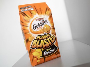 A bag of Pepperidge Farm Goldfish Flavor Blasted Xtra Cheddar crackers is photographed, Tuesday, July 24, 2018 in New York. Flavor Blasted Xtra Cheddar is one of four varieties of Goldfish Crackers Pepperidge Farm is voluntarily recalling because of fears they could potentially have salmonella.