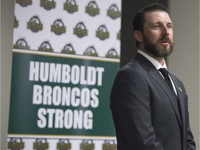 Humboldt Broncos head coach Nathan Oystrick speaks to reporters on July 3.