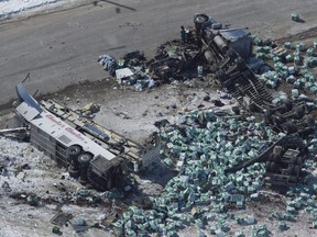 The wreckage of a fatal crash between a truck and the Humboldt Broncos bus outside Tisdale, Sask., is seen Saturday, April 7, 2018.