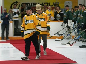 Humboldt Broncos bus crash survivors Derek Patter, left, and Tyler Smith kicked off a memorial hockey tournament on July 6, 2018. The St. Albert Humboldt Remembrance Committee announced Tuesday, July 31, 2018 a Jersey Gala event will be held on Oct. 26, 2018 to raise funds for various memorial initiatives.