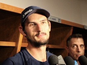 WINNIPEG -- Vezina runner-up Connor Hellebuyck speaks to the media shortly after signing a six-year, $37 million contract extension with the Winnipeg Jets on Thursday, July 12. Hellebuyck is now the sixth highest-paid goalie in the NHL. Scott Billeck/Postmedia.
