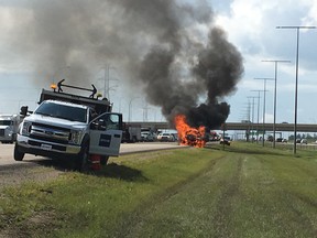Edmonton fire rescue responds to an 11:30 a.m. vehicle fire on the Anthony Henday Drive on July 24, 2018. No one was injured. (Photo supplied)