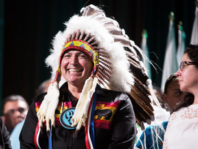 Perry Bellegarde is sworn in after being re-elected as the National Chief of the Assembly of First Nations in Vancouver on July 25, 2018.