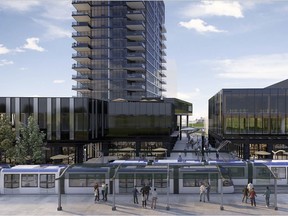 A rendering of the LRT station at Stony Plain Road and 142 Street with the West Block development.