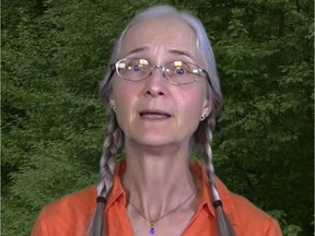 A screen capture from Monika Schaefer's YouTube video, denying the Holocaust. Schaefer, a former Green Party candidate and former Jasper Park ranger, is on trial in Munich, facing six counts of inciting hatred.