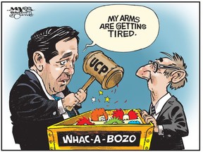 UCP leader Jason Kenney grows tired playing Whac-A-Bozo. (Cartoon by Malcolm Mayes)