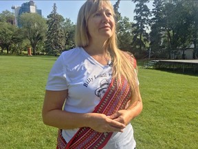 Shannon Loutitt, the great granddaughter of Billy Loutit, attended a kick-off event at the Alberta Legislature grounds on July 28, 2018 for the 100-mile relay run from Edmonton to Athabasca that honours the heroic 1904 journey of MÈtis man Billy Loutit.