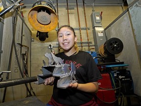 Gwen Arcand (14-years-old) shows off her welding project at NAIT on Friday July 13, 2018 after graduating from a summer welding camp, which TransCanada funded for Indigenous youth aged 12-15 years.