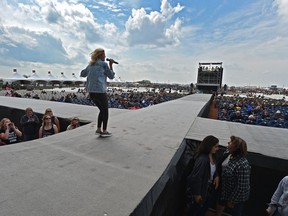 Singer/song writer Annika Odegard of Leaving Thomas performing on stage which has changed this year with the runways has effected the seating at the Big Valley Jamboree 2018 in Camrose, August 3, 2018.