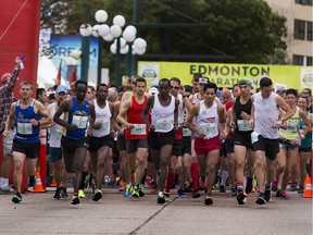Racers leave the start line at the Edmonton Marathon on Sunday August 20, 2017, in Edmonton.