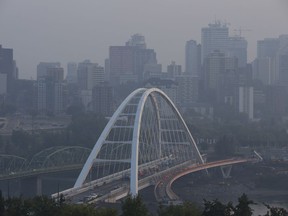 Smoke from the B.C. forest fires hangs over downtown Edmonton, Monday Aug. 14, 2017. Looks pretty familiar out there today, right?