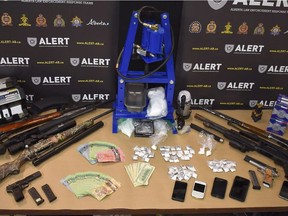 ALERT's organized crime and gang team in Grande Prairie have arrested four people and seized more than $62,000 worth of drugs, along with six firearms and other weapons.