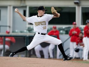 Edmonton Prospects' Rich Walker pitches against the Okotoks Dawgs at Remax Field, in Edmonton Friday Aug. 3, 2018. Walker took the loss in an 11-4 defeat at the Medicine Hat Mavericks in Game 5 of the WMBL semifinal on Friday.