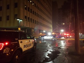 Police and emergency medical services were at the loading bay of the Workers' Compensation Board of Alberta building at 9925 107 St. on the night of Friday, Aug. 17, 2018.