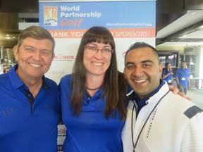Thanking Edmonton golfers for raising $400,000 for the Aga Khan Foundation after a tournament at the Glendale Golf and Country Club last week are Tom Ruth, Edmonton International Airport chief executive and honorary chairman of the foundation's World Partnership Golf, left, Claudia Hudspeth, global head of health programs for the Aga Khan Foundation, and game convenor Hussein Bhani.  The funds will help reduce poverty and improve the quality of life in some of the world's most difficult environments.