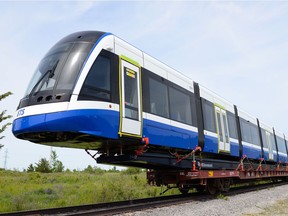 UPLOADED BY: Elise Stolte ::: EMAIL: estolte@postmedia.com ::: PHONE: 780-411-1111 ::: CREDIT: TransEd, Supplied ::: CAPTION: The first train car bound for Edmonton's Valley Line LRT shipped from Bombardier's Kingston, Ont., factory June 27, 2018. This photo shows the train loaded and ready to go.