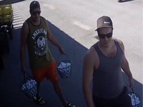Kelowna police are seeking two men who allegedly walked into a driving range and took off with almost 400 rental golf balls.