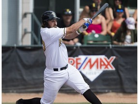 Edmonton Prospects Anthony Cusati swings at the ball against the Okotoks Dawgs on Sunday, June 3, 2018 in Edmonton.