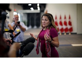 Minister of Foreign Affairs Chrystia Freeland arrives to speak to media at the Vancouver Island Conference Centre during day two of the Liberal cabinet retreat in Nanaimo, B.C., on Wednesday, August 22, 2018.