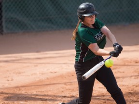 Calahoo Erins' Kathy Yeats hits the ball during the Canadian women's fastpitch championship at Bob Van Impe Stadium in Saskatoon, on Aug. 19, 2018.