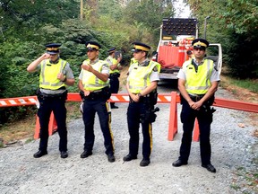 Burnaby RCMP set up a perimeter around Camp Cloud, the anti Kinder Morgan protest camp outside the Kinder Morgan Trans Mountain Pipeline Terminal in Burnaby, BC.