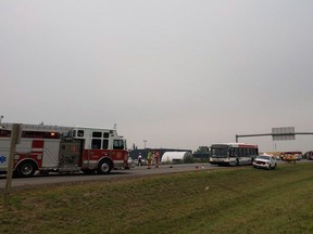 Officials said a pickup truck collided with a group of about 15 cyclists on the 17 Street ramp as they were exiting eastbound towards Sherwood Park at around 10 a.m. Saturday, Aug. 11, 2018.