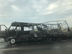 RCMP were called to a motorhome on fire on the Queen Elizabeth II Highway between the 41 Ave. and Highway 19 exits outside Nisku on Friday, Aug. 31, 2018.