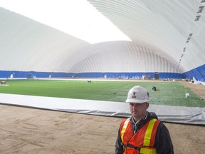 The Edmonton Soccer Dome is in the final stages of preparation for the upcoming indoor soccer season. The dome was recently inflated and they're installing the turf with general manager Antony Bent in the facility on Thursday, Aug. 23, 2018.