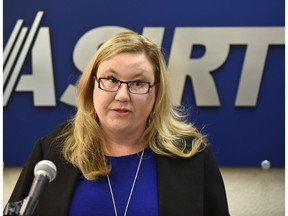 Executive director Susan Hughson of the Alberta Serious Incident Response Team (ASIRT) discussing an allegation of sexual assault on a woman involving an RCMP officer, in Edmonton on March 30, 2017.